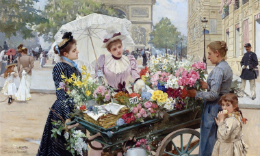 Tranh phụ nữ bán hoa trên phố Paris một thế kỷ trước