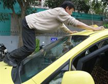 Người đàn ông nhảy lên capo taxi